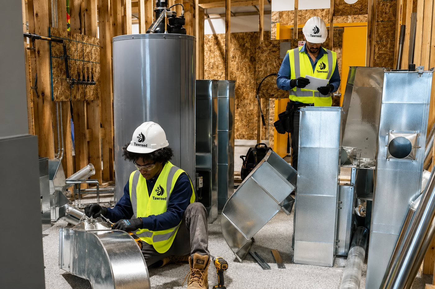 Tawreed technicians in branded hard hats assembling galvanized ductwork on site