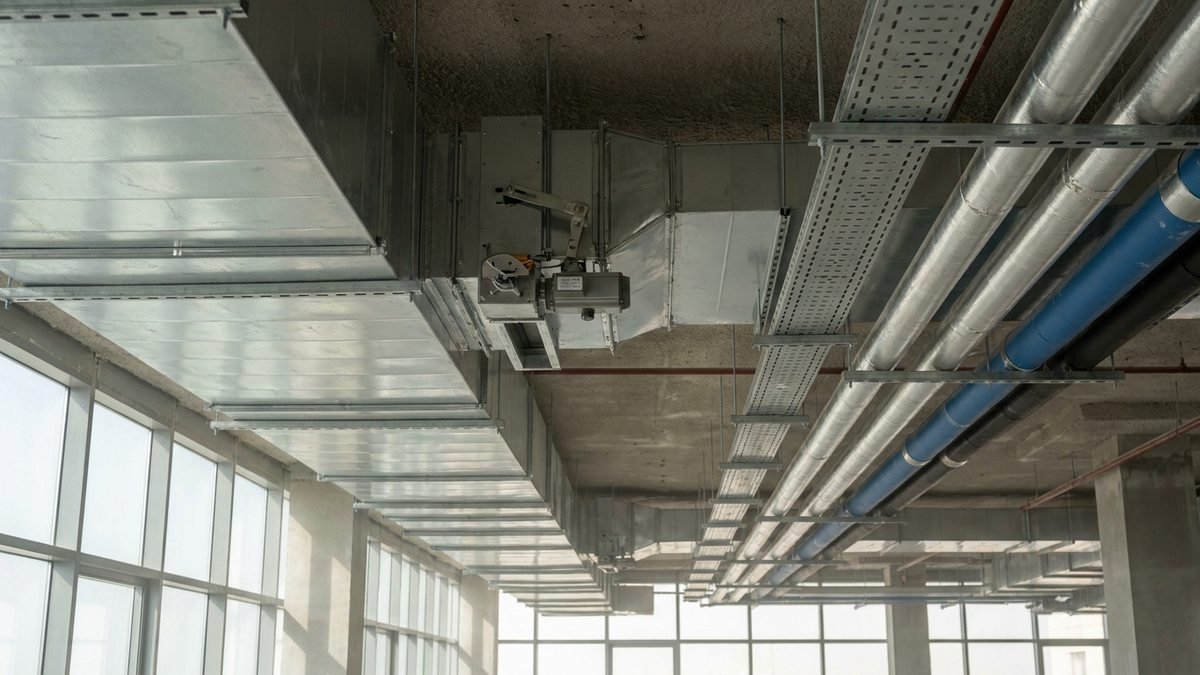 Motorised damper with an external actuator fitted to a galvanized duct run above a concrete ceiling