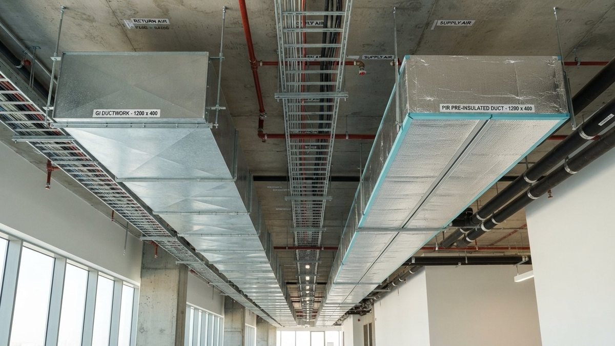 GI ductwork and PIR pre-insulated duct runs installed side by side beneath a concrete slab