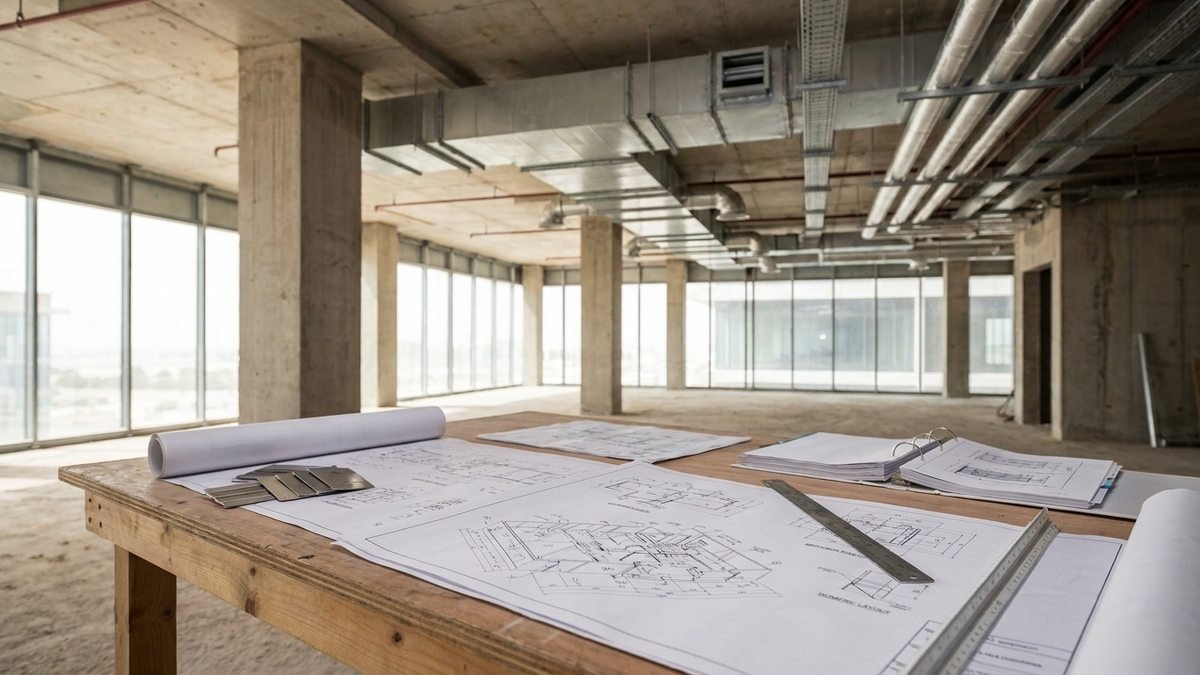 HVAC shop drawings, duct gauge samples and a submittal binder laid out on a site table