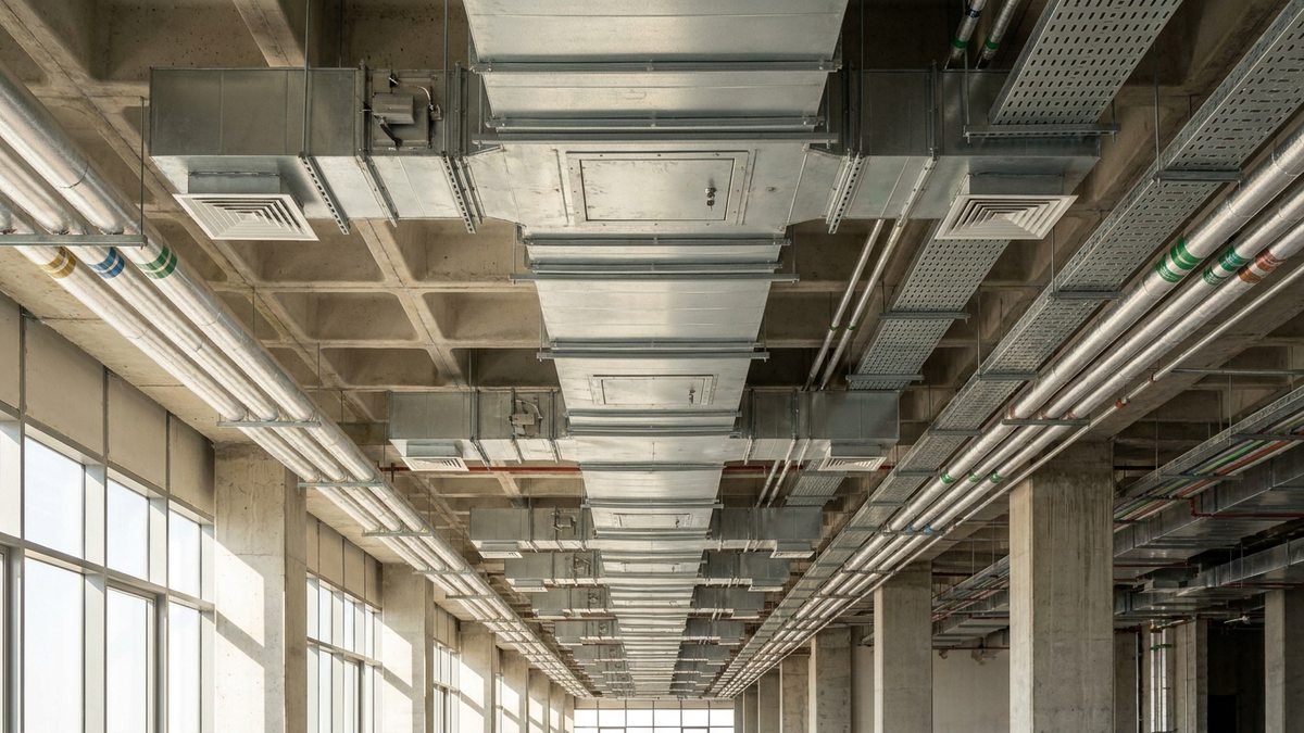 Galvanized supply ductwork with access panels, diffusers and cable trays on a building services floor