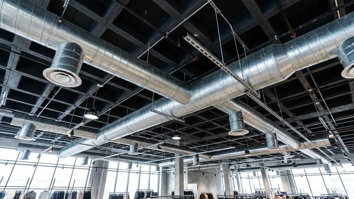 Boulevard Mall — exposed spiral galvanized ductwork with round diffusers above the retail floor