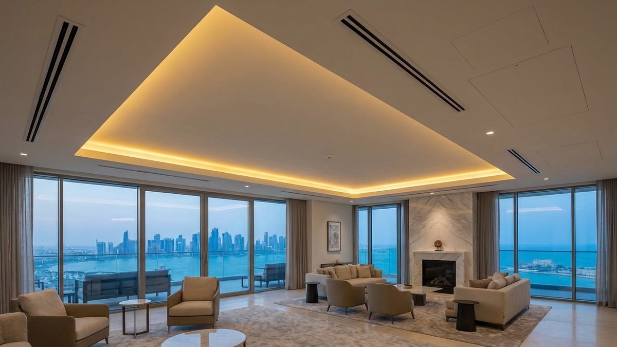 Burj Damac Seaviews — residential lounge with linear slot diffusers and a sea view
