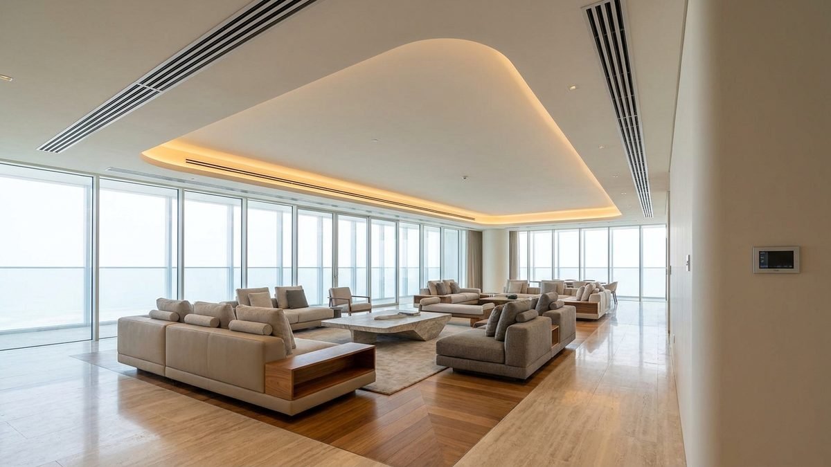 Erkyah Towers, Lusail — residential living space with linear slot diffusers in a feature ceiling