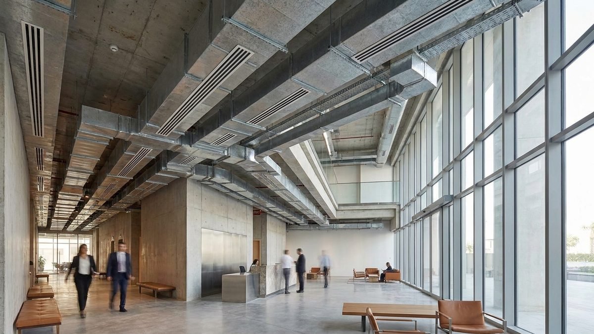 Florista Residential Tower — lobby with exposed galvanized ductwork and linear diffusers