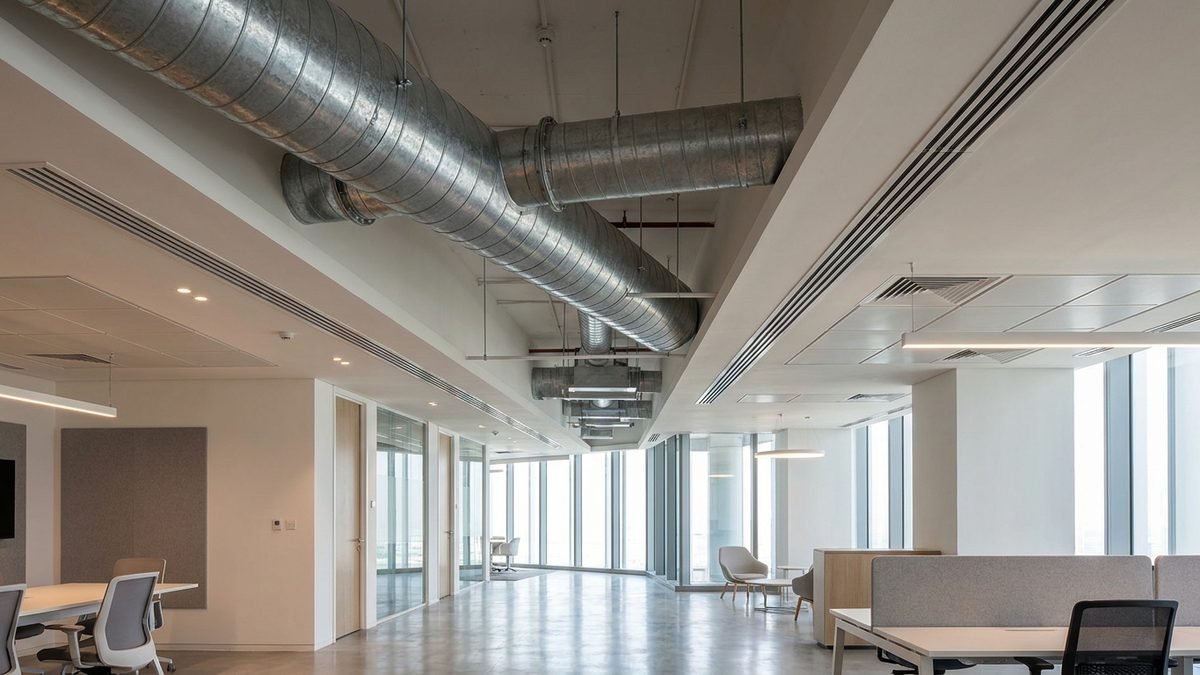 Manarat Tower — office floor with exposed spiral ductwork and linear slot diffusers