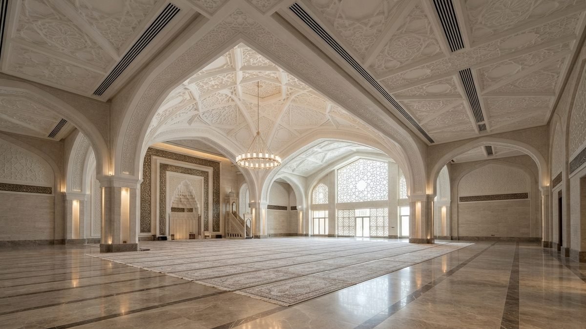 Messilla Mosque — prayer hall with linear slot diffusers set into the decorated ceiling