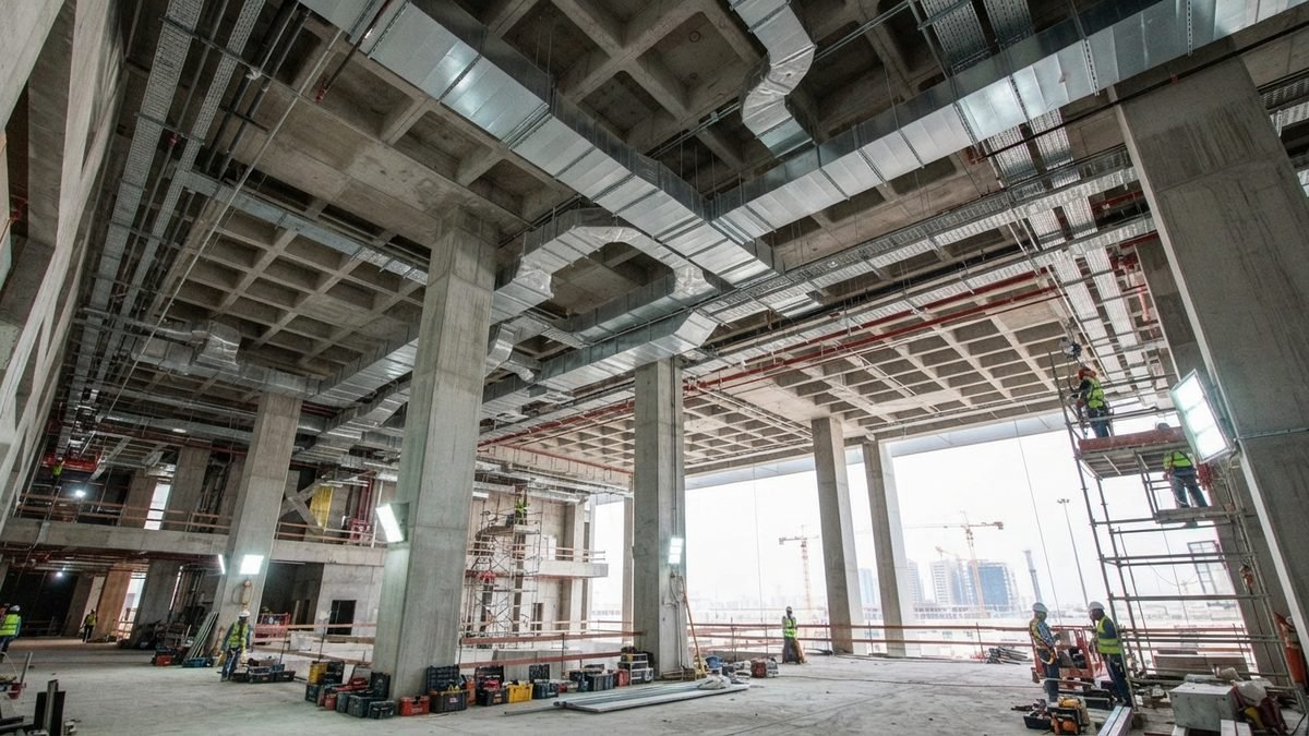 Ministry of Interior Headquarters, Doha, during MEP installation: exposed galvanized ductwork with TDF flanges and support hangers beneath the coffered concrete slab