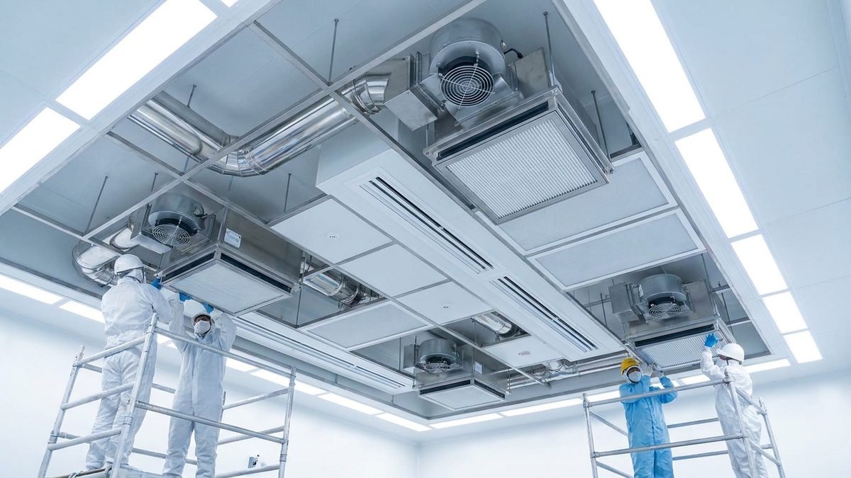 Sirgi Art Hospital — technicians installing ceiling filter units and ducting in a clean-room ceiling