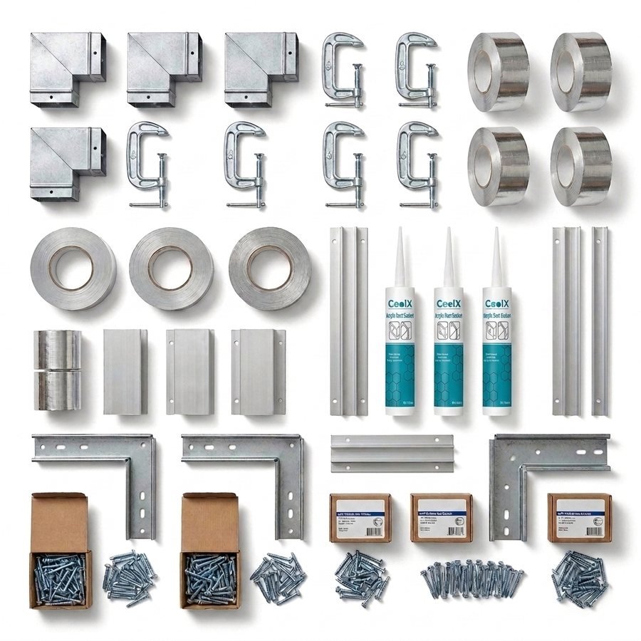 Duct accessories: corner pieces, G-clamps, aluminium foil tapes, sealant, profiles and fixings