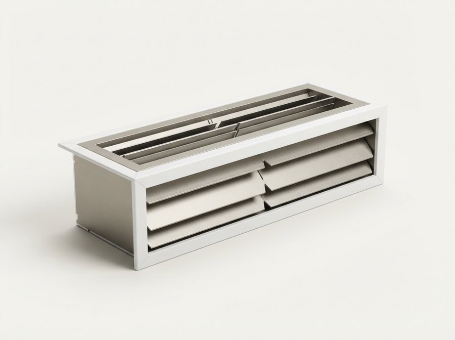 Aluminum air outlet with adjustable louver blades in a white frame