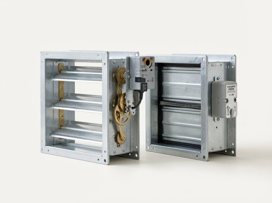 Motorized volume control damper and fire damper assembly in galvanized frames